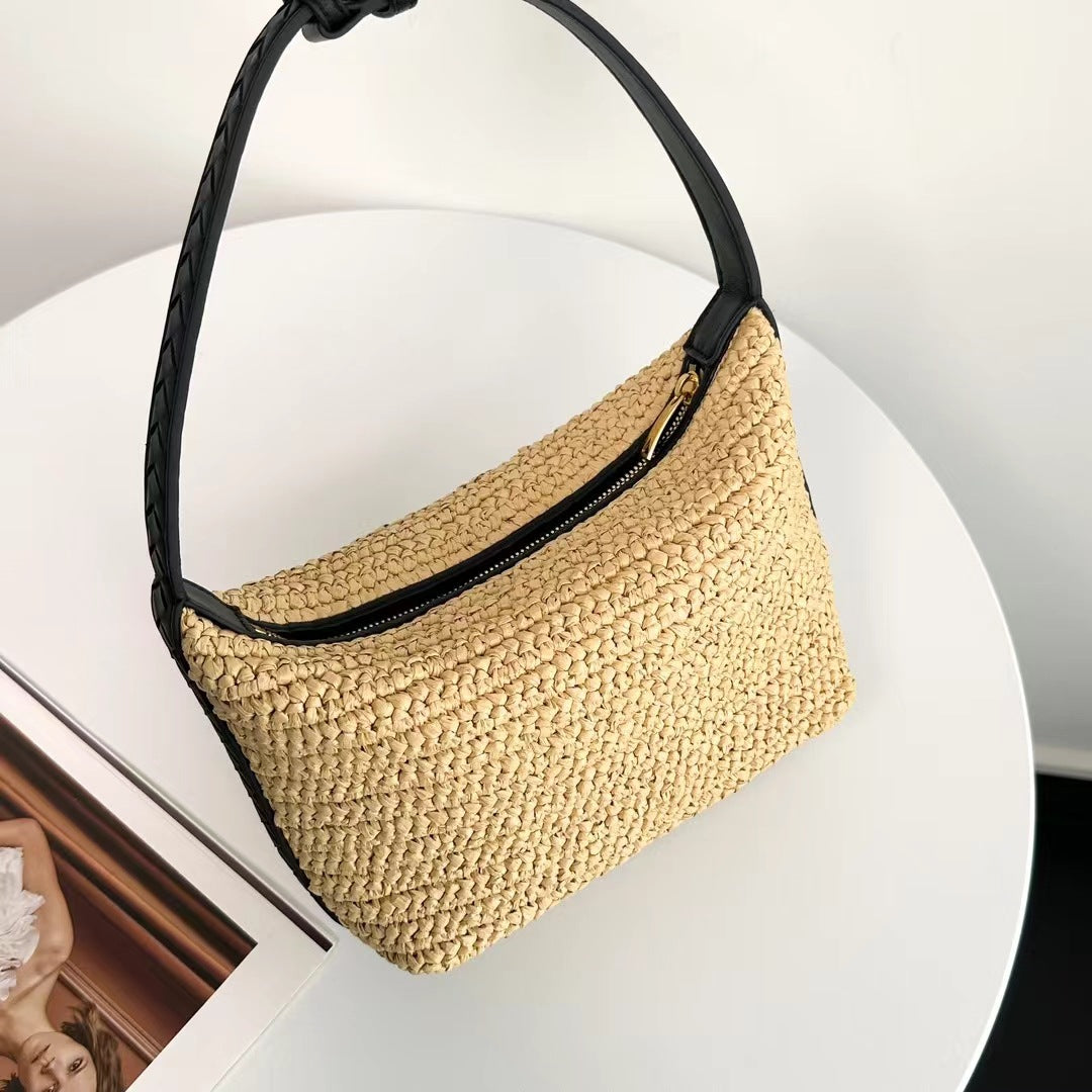 Raffia x Leather Top Handle Bag