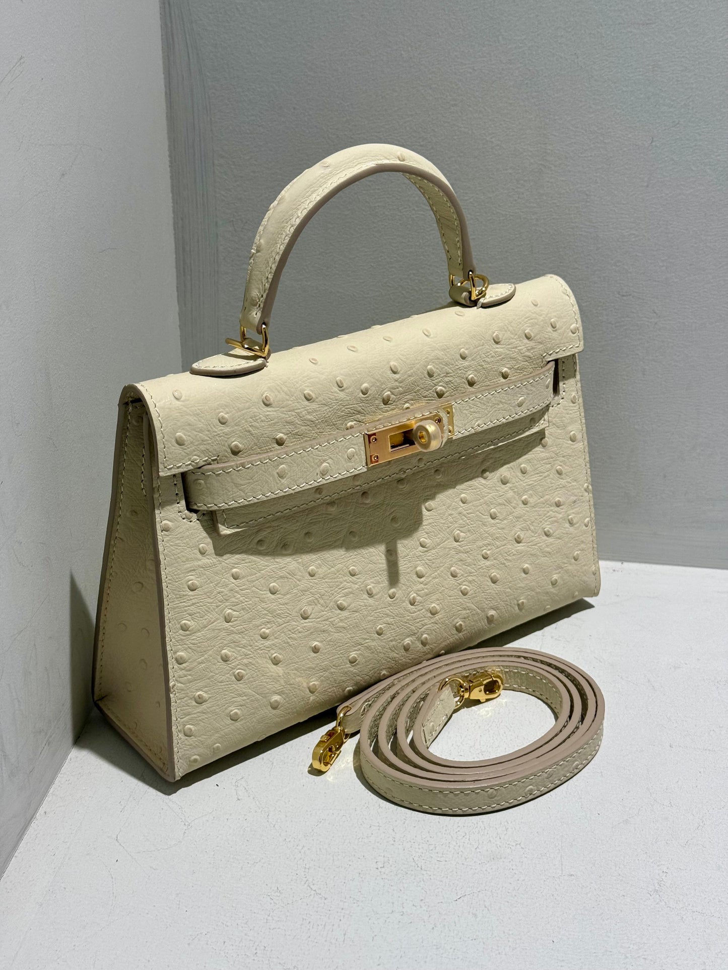 Mini Kelly Inspired - Embossed Ostrich Pattern Leather Bag