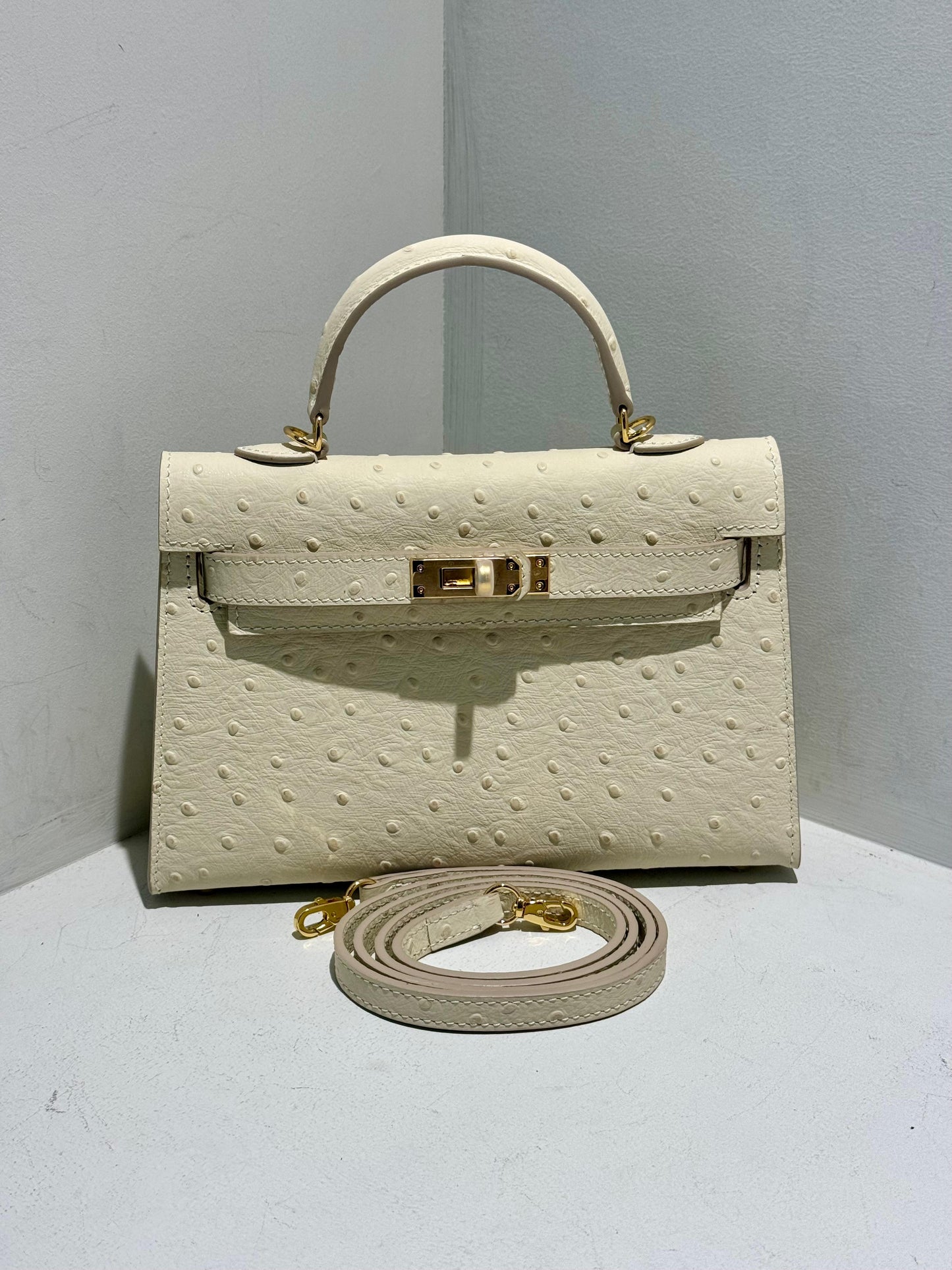 Mini Kelly Inspired - Embossed Ostrich Pattern Leather Bag