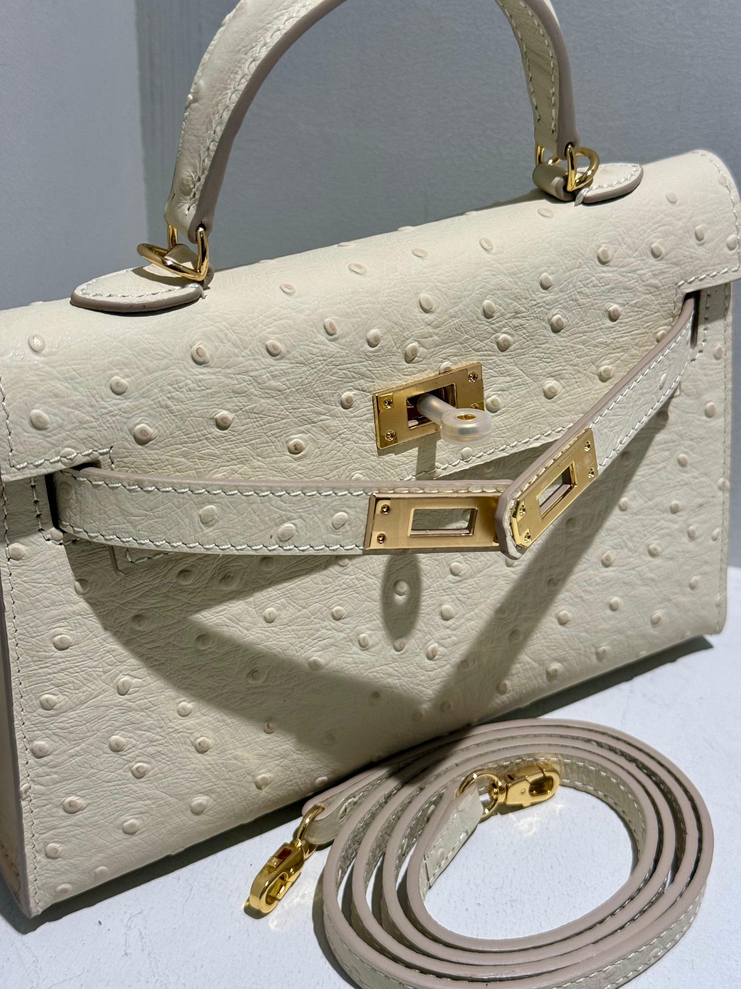Mini Kelly Inspired - Embossed Ostrich Pattern Leather Bag