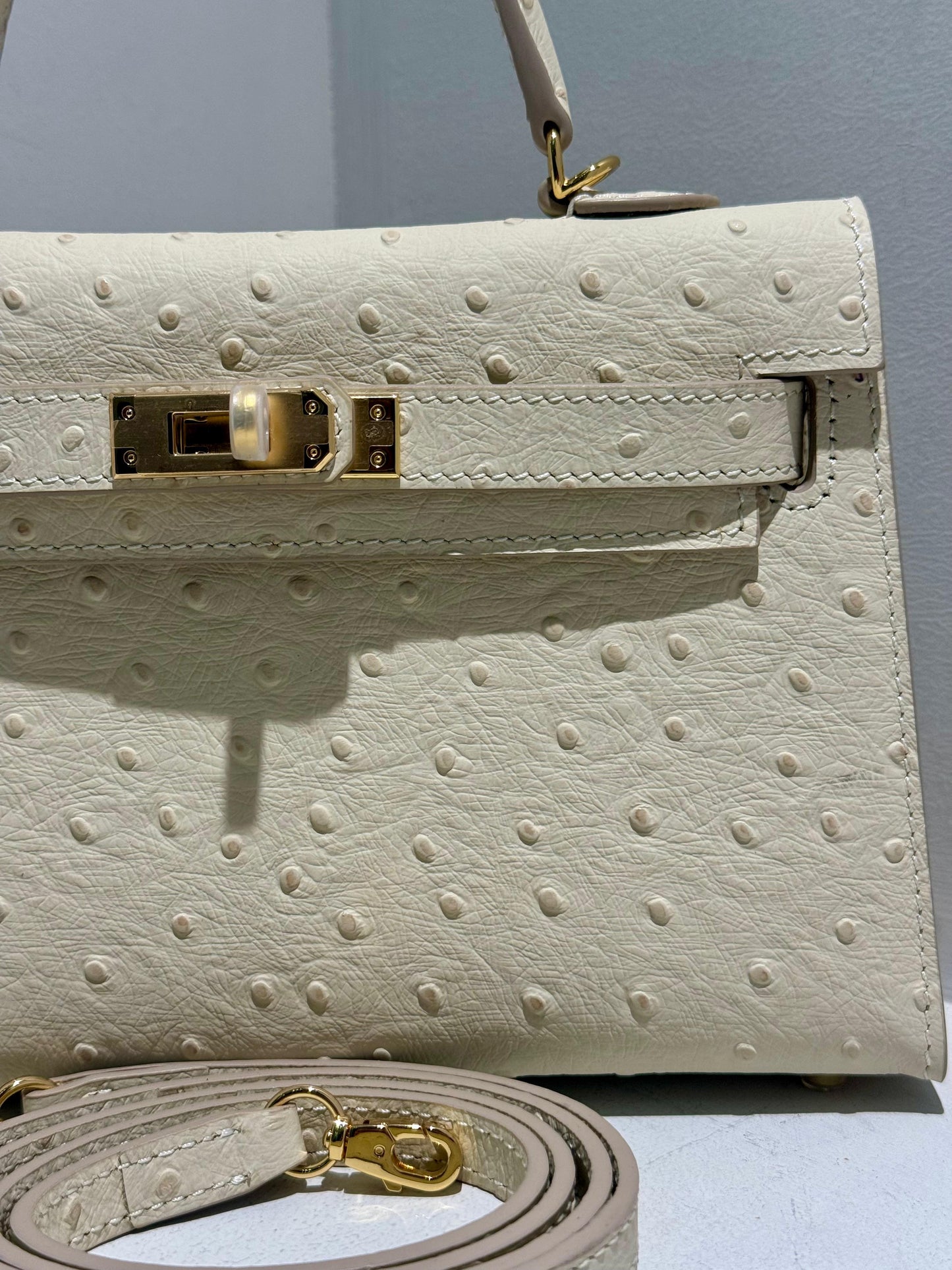 Mini Kelly Inspired - Embossed Ostrich Pattern Leather Bag