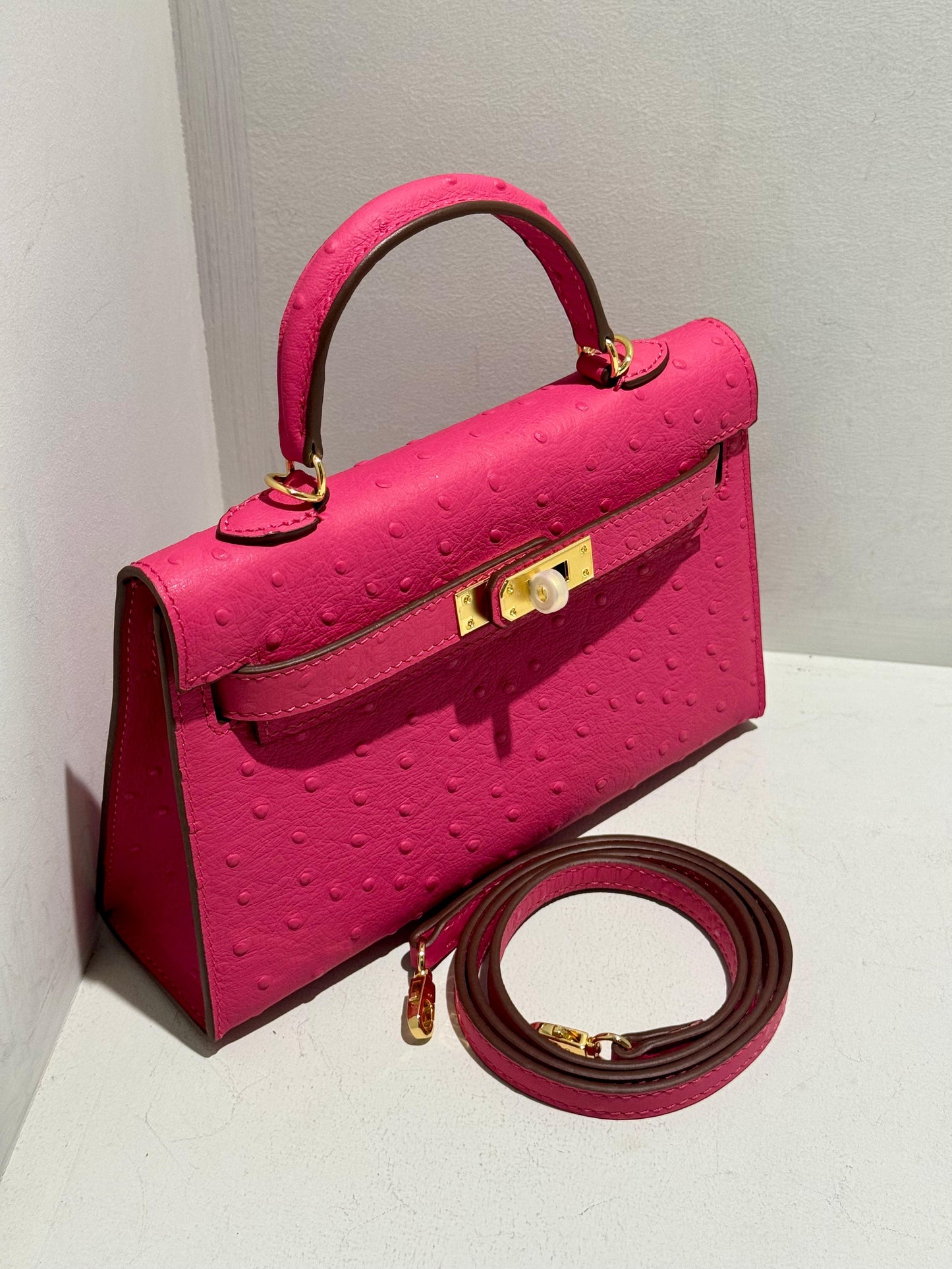 Mini Kelly Inspired - Embossed Ostrich Pattern Leather Bag
