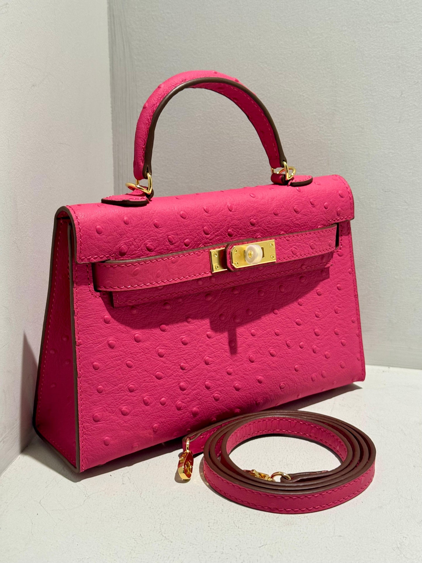 Mini Kelly Inspired - Embossed Ostrich Pattern Leather Bag