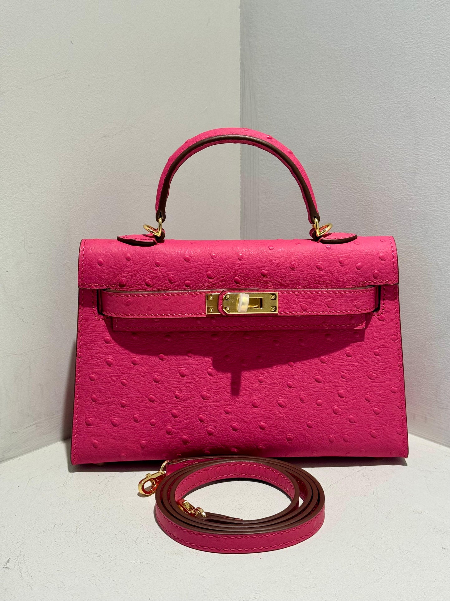 Mini Kelly Inspired - Embossed Ostrich Pattern Leather Bag