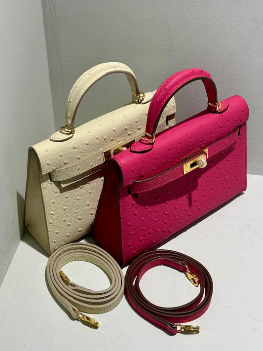 Mini Kelly Inspired - Embossed Ostrich Pattern Leather Bag