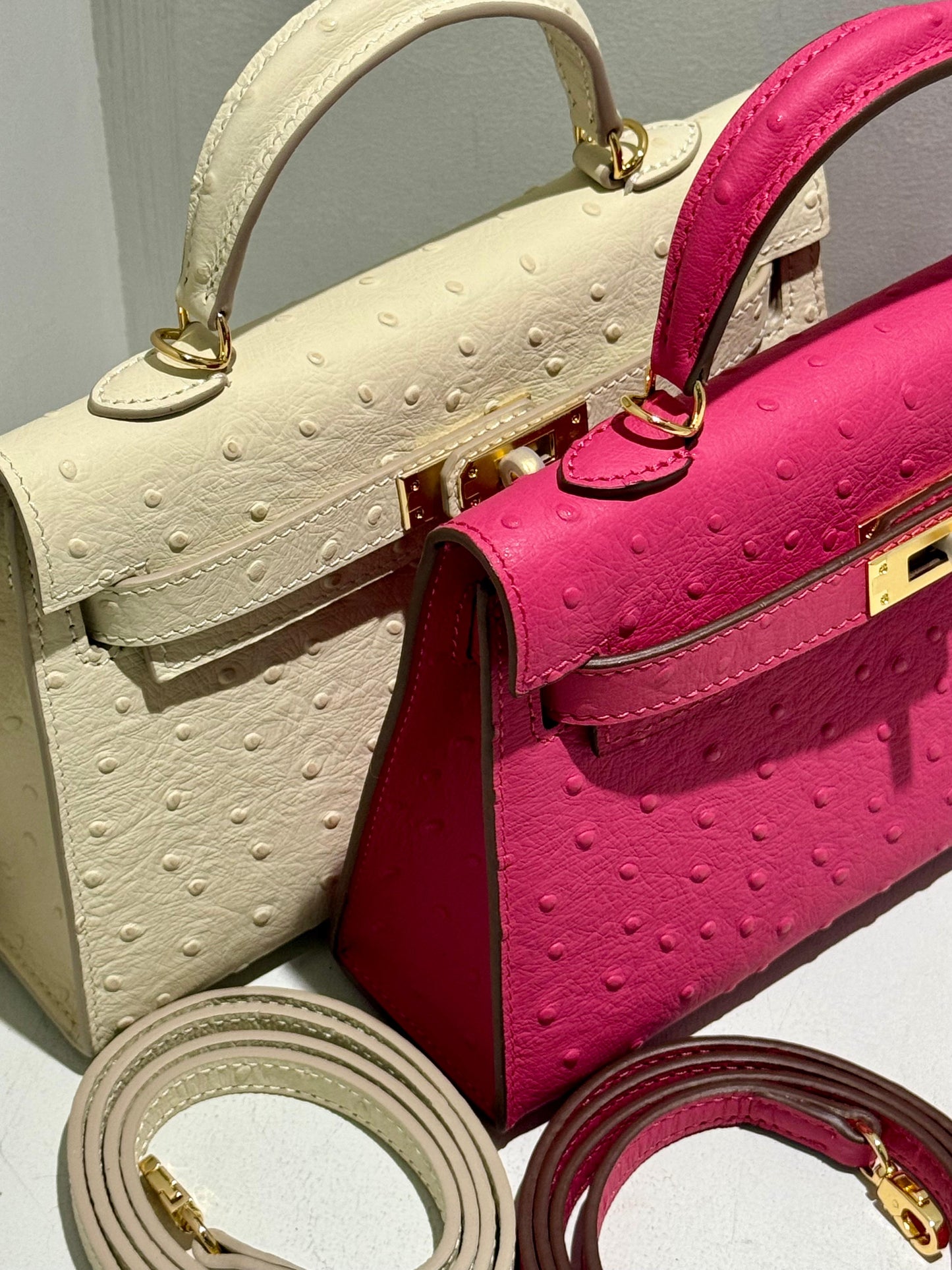 Mini Kelly Inspired - Embossed Ostrich Pattern Leather Bag