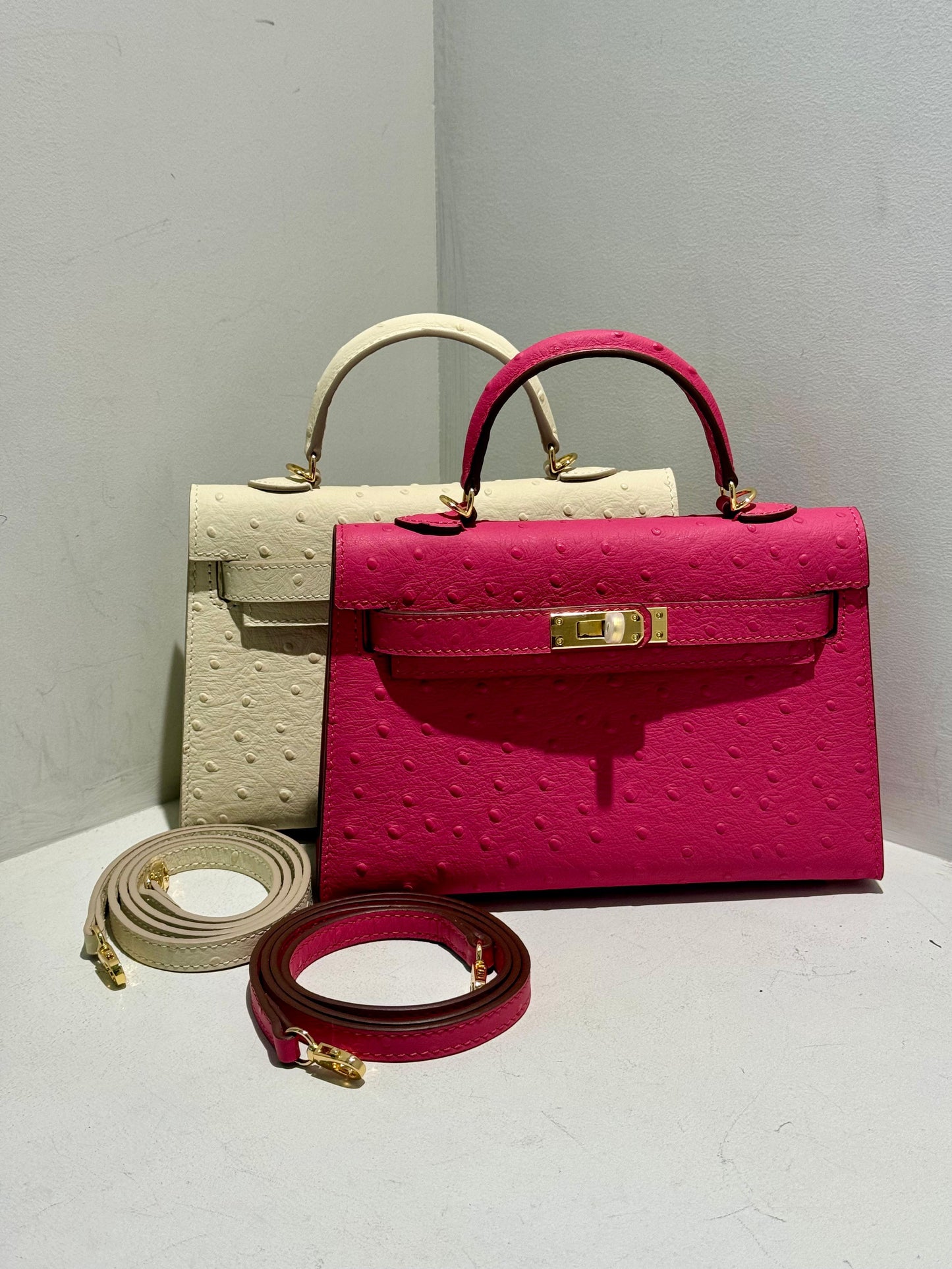 Mini Kelly Inspired - Embossed Ostrich Pattern Leather Bag
